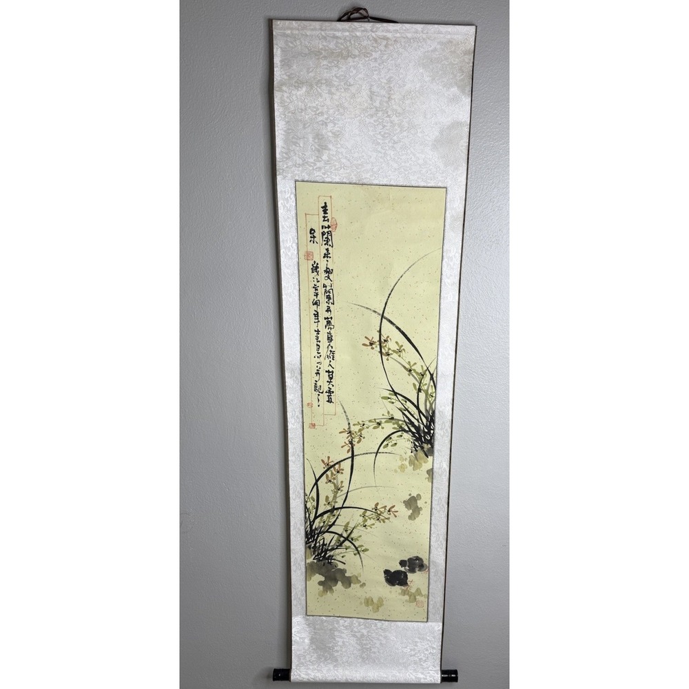 Vintage Hand Painted Hanging Scroll Art Wild Orchid Rock & Inscription Chops